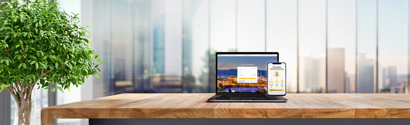 Modern computer,laptop with blank screen on counter bar(retail store shop)and window view
