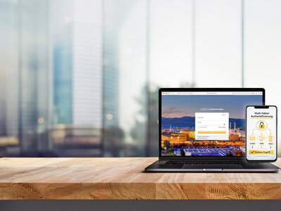 1157789033 Modern computer,laptop with blank screen on counter bar(retail store shop)and window view